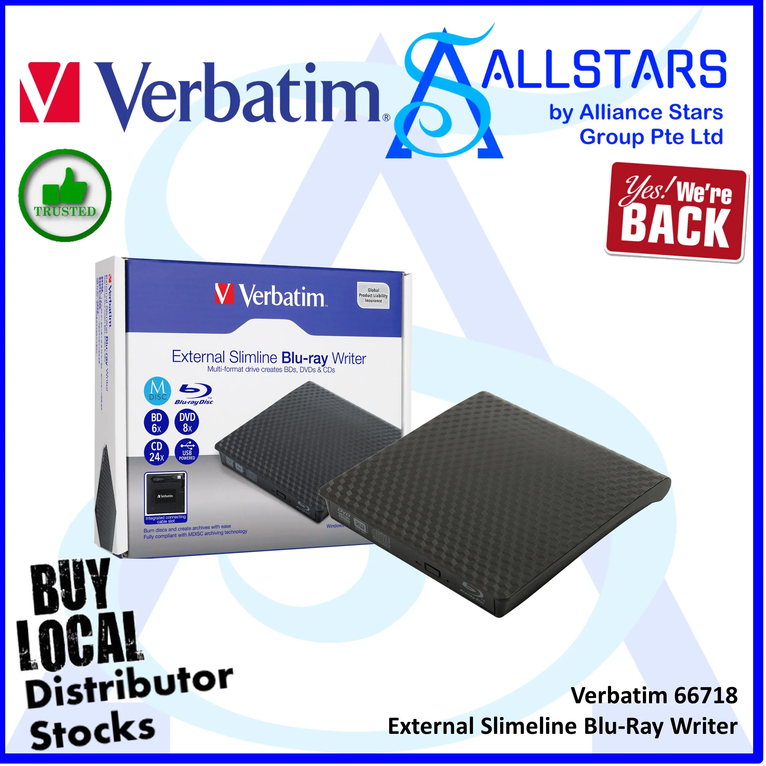 (ALLSTARS)Verbatim 66718 External Slimline Blu-Ray Writer / USB 3.2 Gen 1 / 6X Speed support M Disc (Warranty 1year)