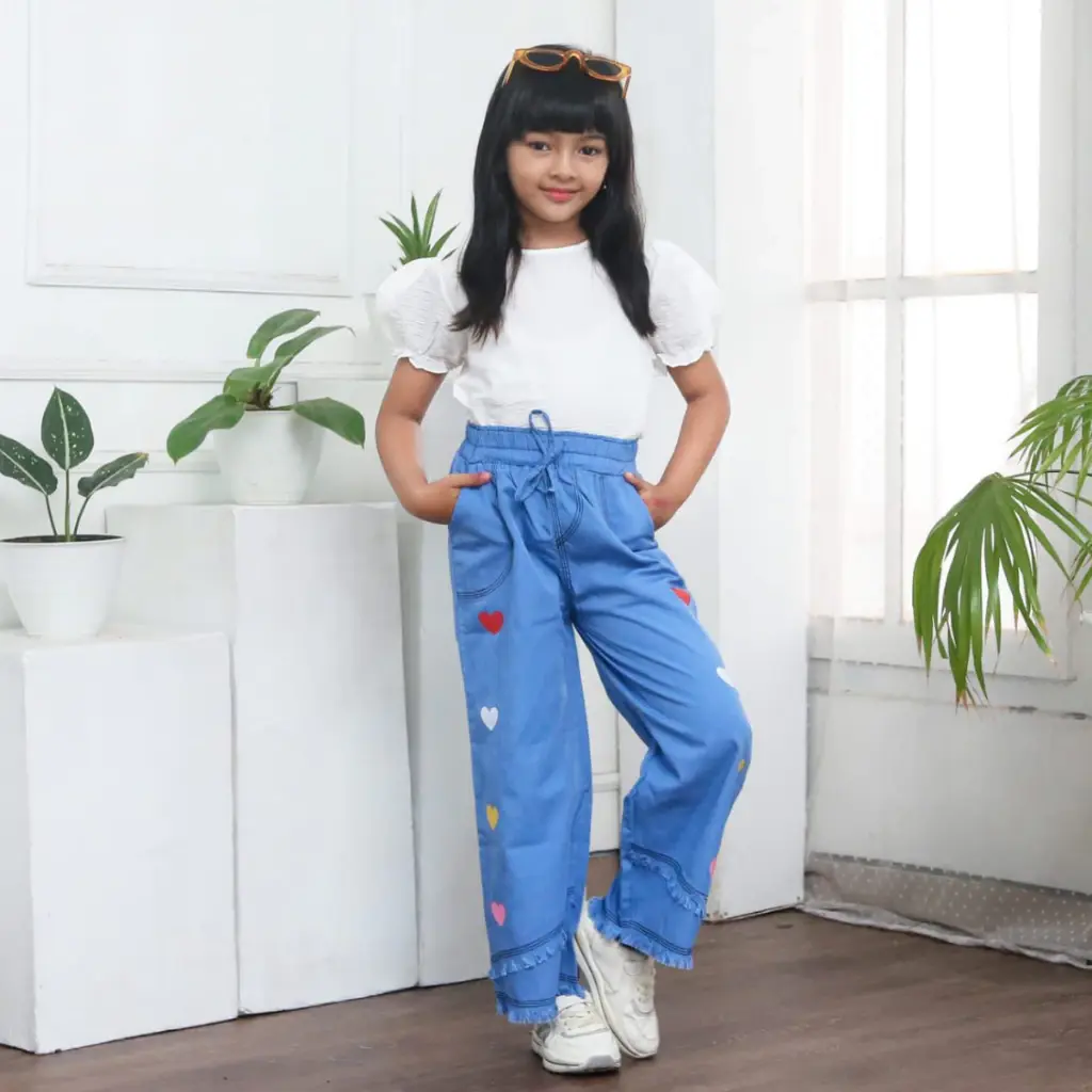 Celana Kulot Anak Perempuan 4-10 Tahun Bahan Jeans Washed Model Terbaru Love,Joger, Baggypants, Rawis dan Karakter Mixue Kekinian Motif Love Pelangi Fashion simple 8-9 tahun Pakaian