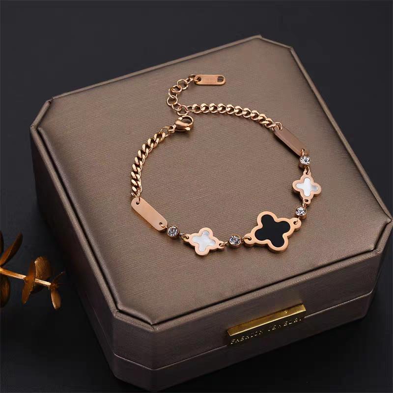 Gelang Titanium Wanita Daun Smanggi Hitam/Putih Anti Karat Tidak Luntur - Bracelets 7