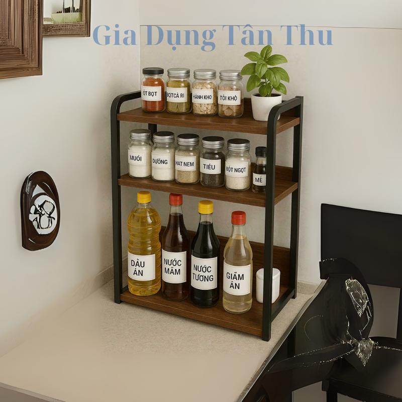 Kệ đựnġ Gia Vị Nhà Bếp Đa Năng 3 Tầng Gỗ MDF Màu Óc Chó Gọn Gàng Ngăn Nắp Kitchen