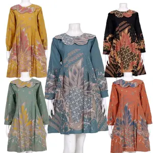 Dress Batik Rosmala Daun Rempel Depan Lengan Manset A-Line Katun