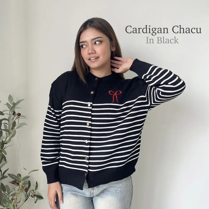 PLUMFIT Cardigan Rajut Motif Garis Variasi Pita Bordir CHACU 2
