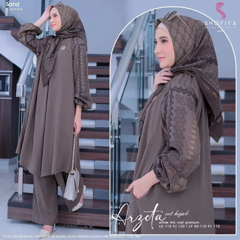Set Atasan Celana Muslimah Arzeta 3in1 Premium Motif Tunik Kulot Hijab - Crinkle, Gamis, Baju, Remaja, Rayon, Katun, Dewasa, Panjang Karet Nyaman Airflow Belah Samping Santai Wanita