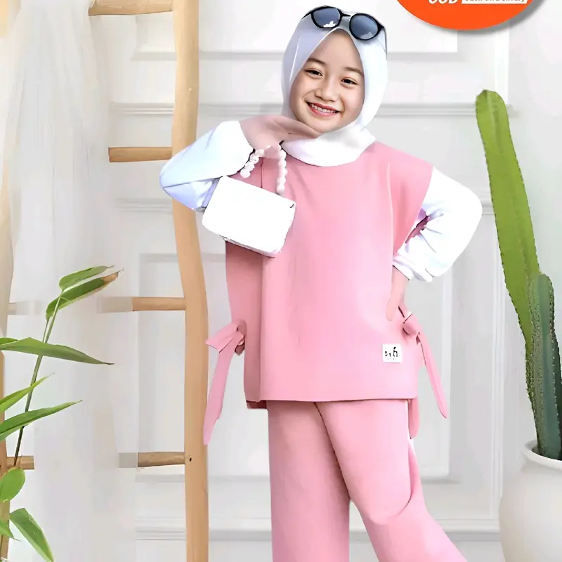 Setelan baju muslim anak perempuan/cewek viral 3-12thn-baju anak terbaru baju anak termurah Nyaman Kaos Panjang Kerudung 5
