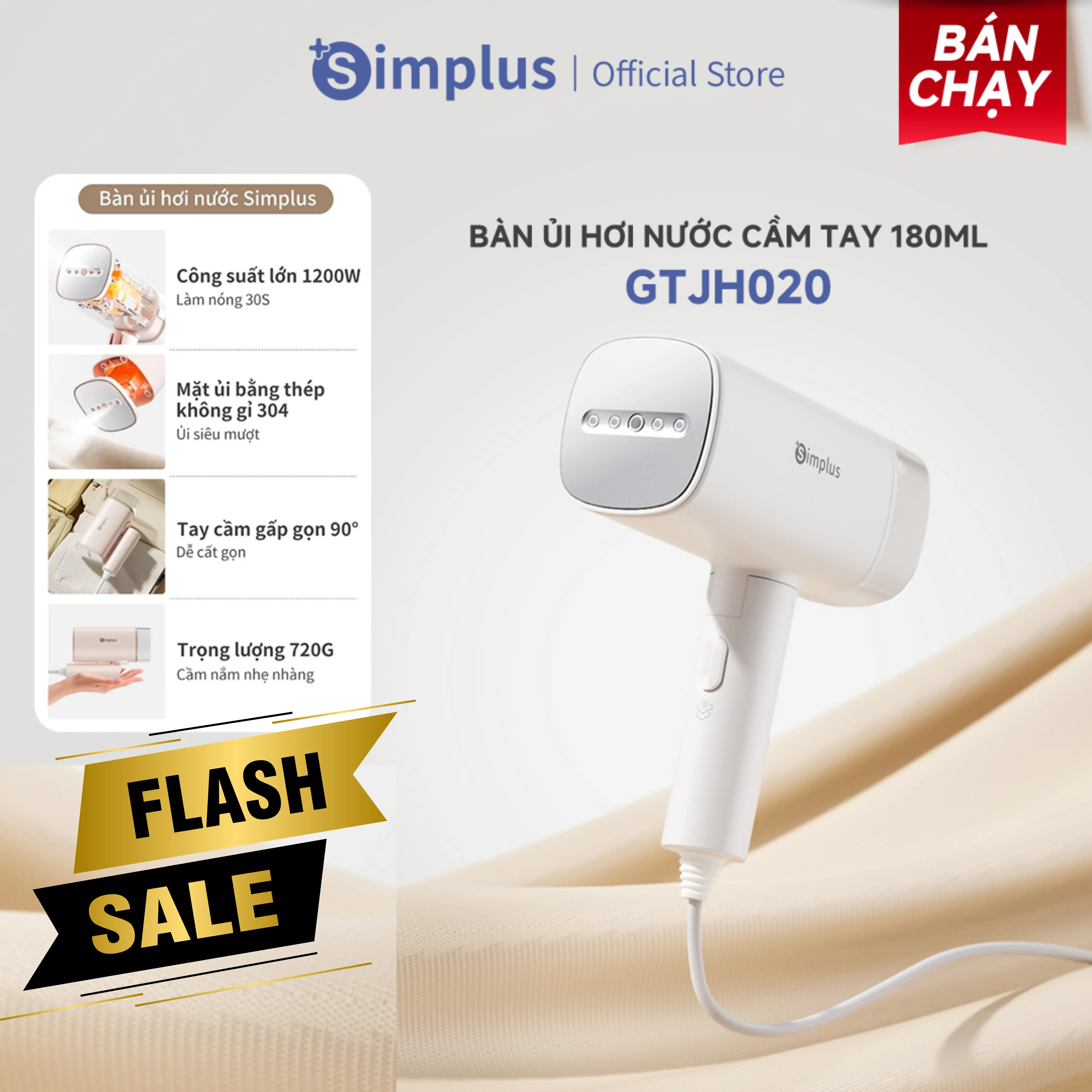SimplusVN Bàn ủi hơi nước cầm tay Simplus GTJH020, Công suất 1200W, Bình chứa nước 180ml, Gấp gọn tiện lợi Bảo hành 1 năm chỉ đổi không sửa