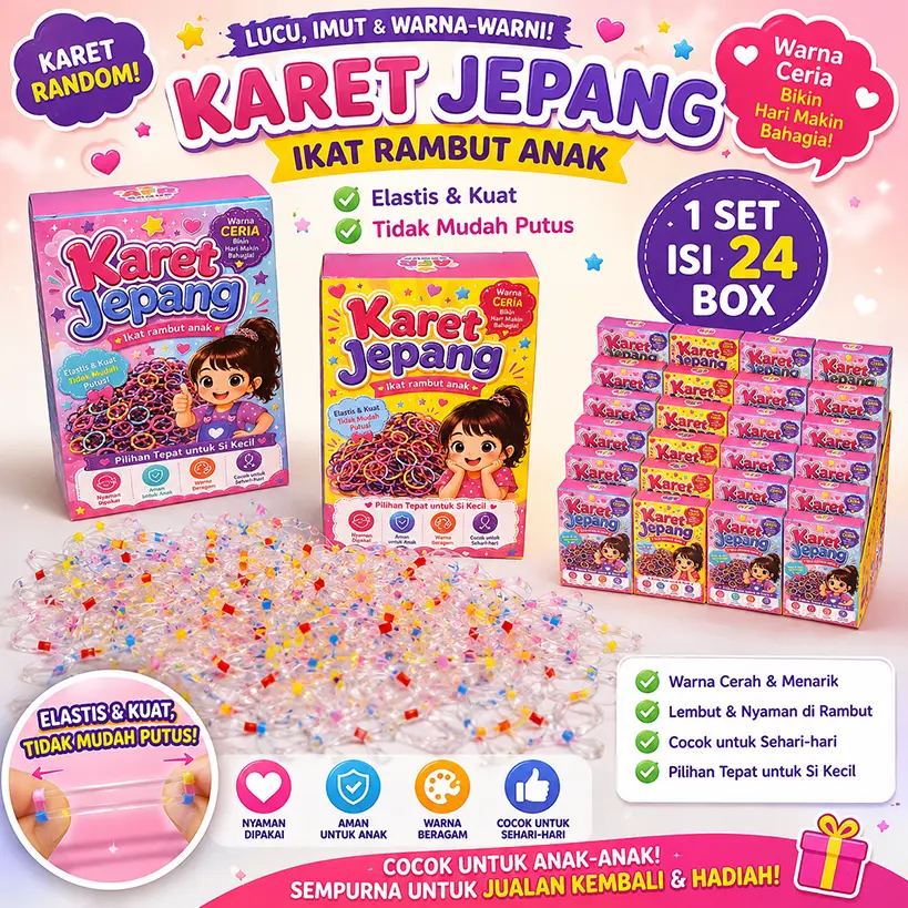 Karet Jepang Ikat Rambut Anak Warna-Warni | Elastis & Tidak Mudah Putus | Cocok Untuk Souvenir & Reseller 1 Set Isi 24 Box