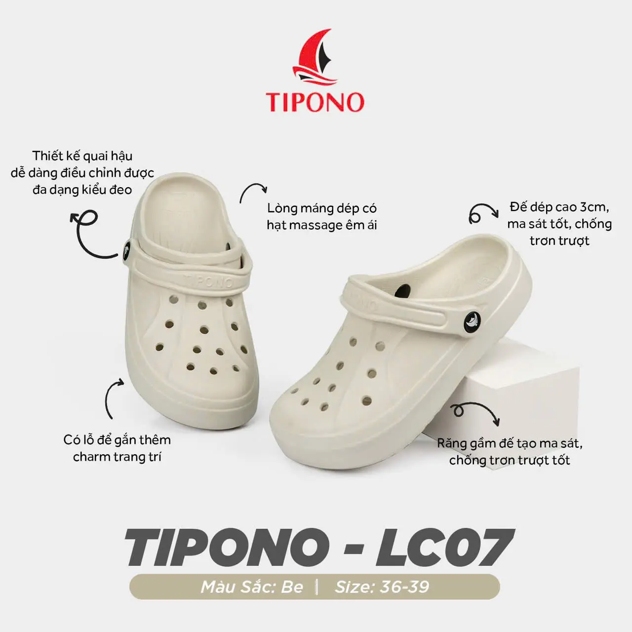 TIPONO LC07 [Tặng Charm Ngẫu Nhiên] Dép Sục Unisex EVA Nhẹ Êm, Form Dễ Mang, Size 28-43 Cả Nhà Dùng Được