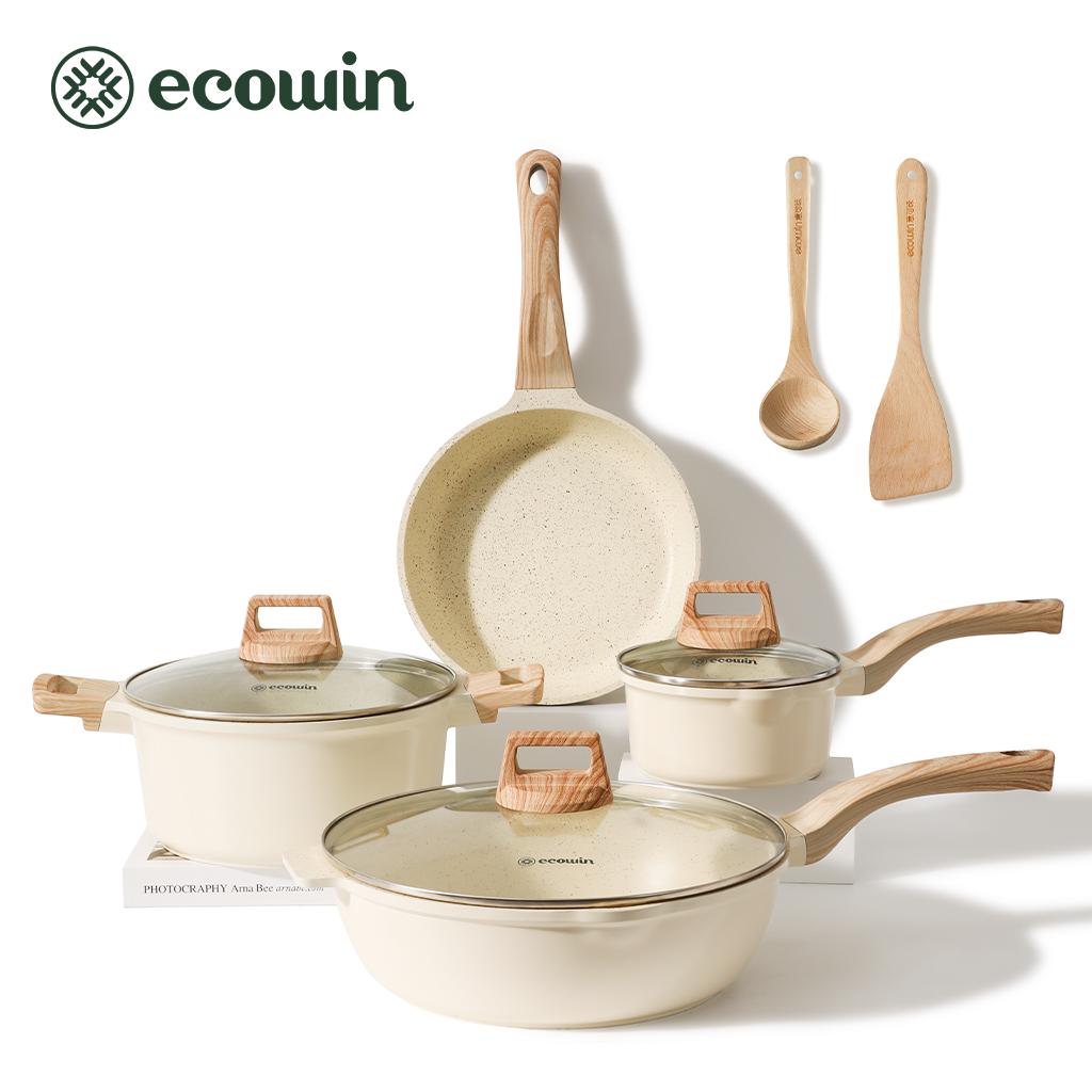 Ecowin ชุดเครื่องครัวหินอ่อน ไม่ติดกระทะ มีหูหิ้วที่ถอดออกได้ ปลอดสารพิษ PFAS และ PTFE และ PFOA เหมา