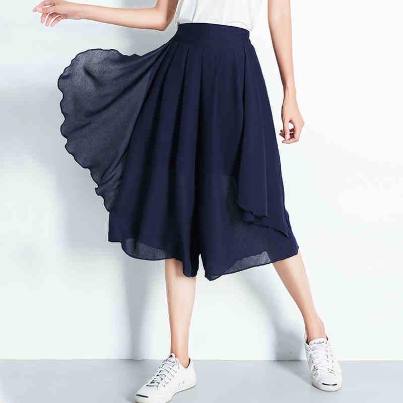 Product Introduction of ZANAChiffon Slim Half Culottes Thin Style Summer Seven Points Wide Leg Pants Large Size Elastic High Waist Loose Casual Pants Women Skirt 15
