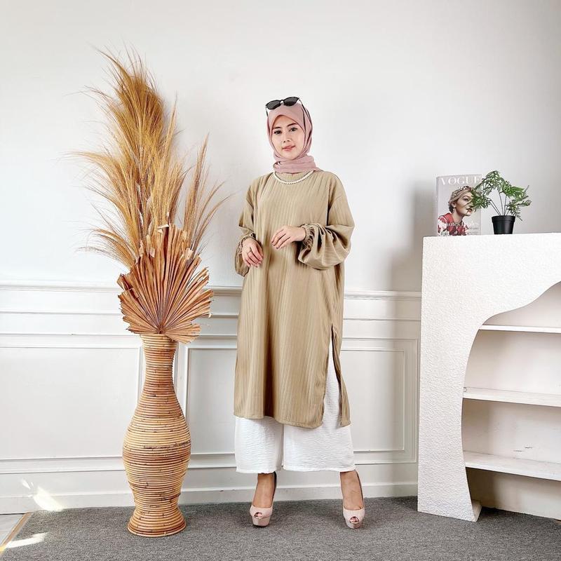 tunik wanita knit muslim ld 120 lengan karet Midi dres wanita melar 3