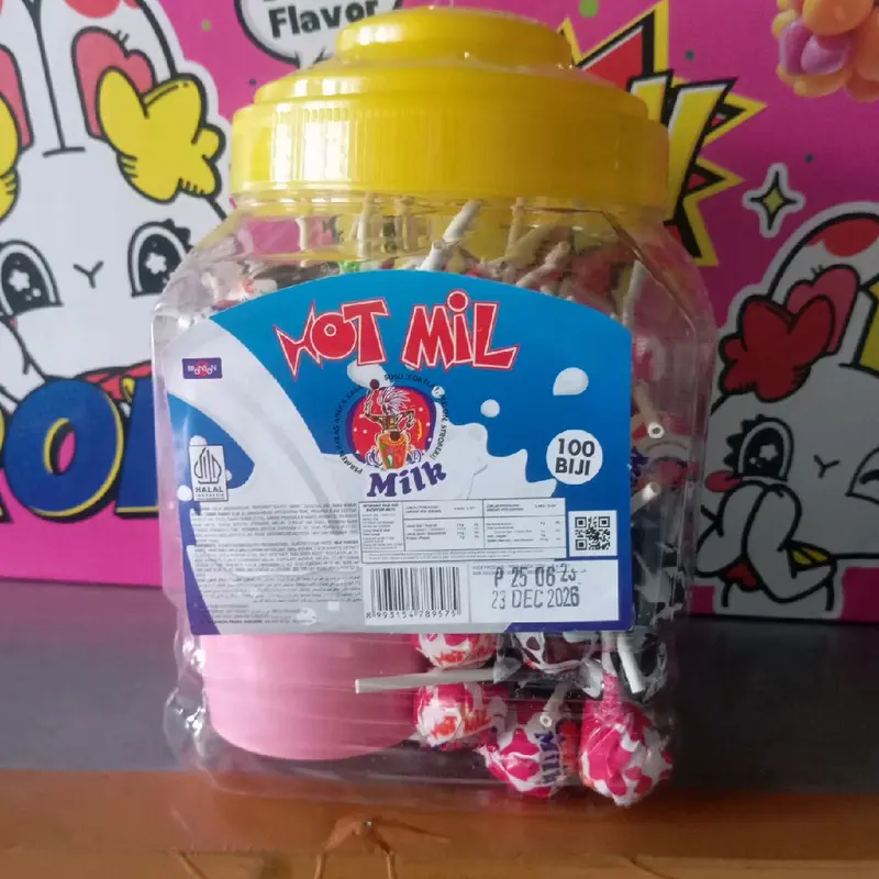 Permen Hotmil pentol isi 100pc bonus gelas,cocok di jual lagi, Rendah gula Candy 2