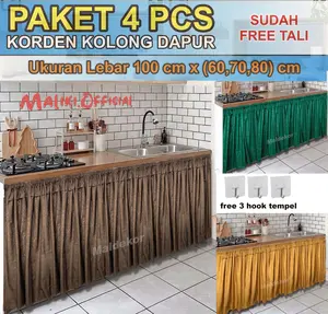 New Paket 4 Gorden Kolong Dapur Polos Emboss Aestetik Anti-Susut dan Tahan Kerutan dengan Bonus Tali dan 3 Hook Tempel - Curtain gorden  dapur
