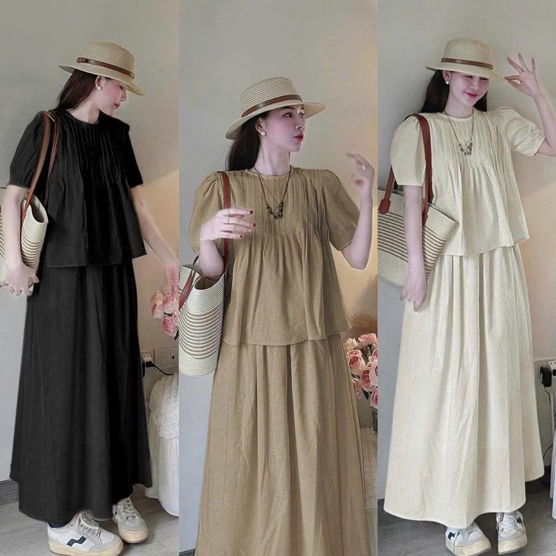 BIGSIZE HIẾU HIẾU (55-95KG) - Set thời trang basic trơn Áo xếp li + Chân váy dáng dài S604
