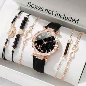 Jam Tangan Kuarsa Wanita Bergaya Berlian Starfish Analog Dial PU Tali Kulit Jam Tangan Set Gelang Gratis  Watches(Tanpa Kotak)