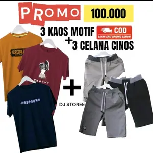 gilaa!!! 100 rb dapat 3 kaos 3 celana pendek distro minimalis Katun Motif Pria