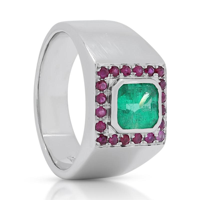 Fabulous 1 carat and 5 points Emerald and Rubies Dome Ring in 18K White Gold 6