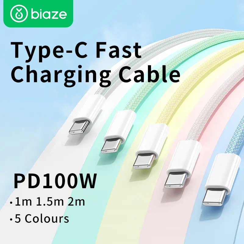 Biaze 100W PD Fast Charging Cable Type-C to Type-C Mobile Data Cable Fast Charger Macaron Colour Weaving For Smartphone Cellphone iphone