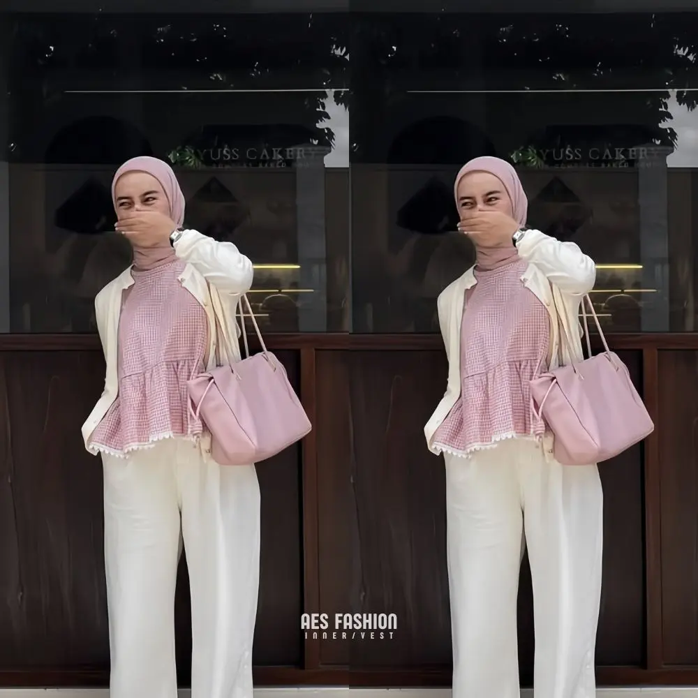 Aes Fashion - Jena Vest Inner Peplum Renda - Top Inner Cardigan Stripe Gingham Rompi Blouse Renda Top Balon Atasan Wanita Korean Style Casual  Katun