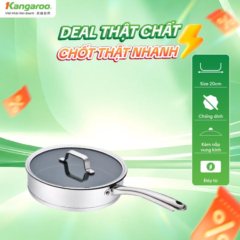 KG01F120/ KG01F124_Chảo inox chống dính đáy từ cao cấp size 20-24cm Kangaroo - đi kèm nắp vung kính.