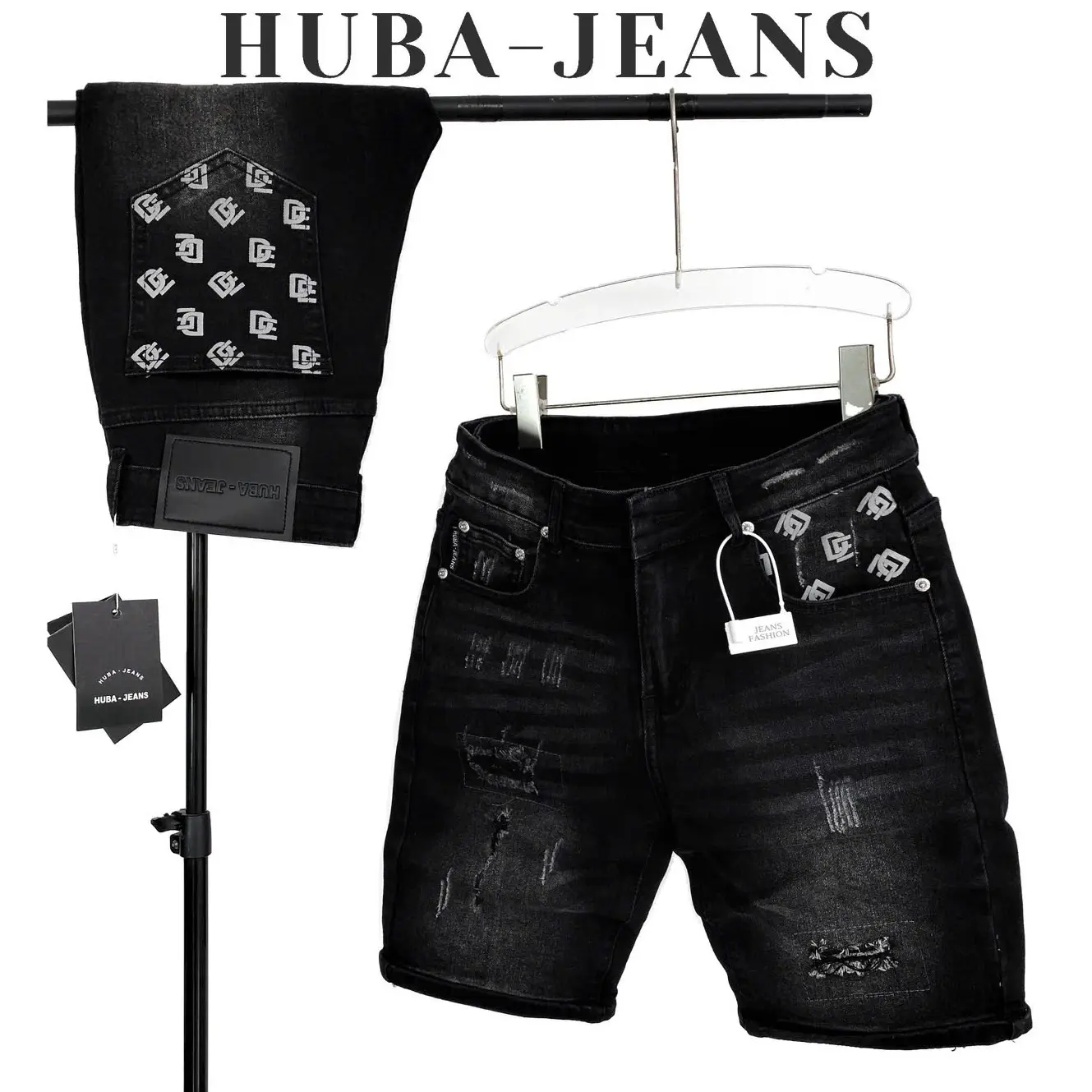 Quần short jeans nam HUBA-JEANS đen wash in tui  Menswear Pants Denim Có Túi
