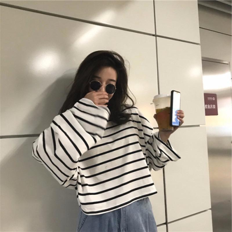 N22 - Atasan Wanita Korea Lengan Panjang Strip Sweater Round Neck Long Sleeve Sweatshirt 0