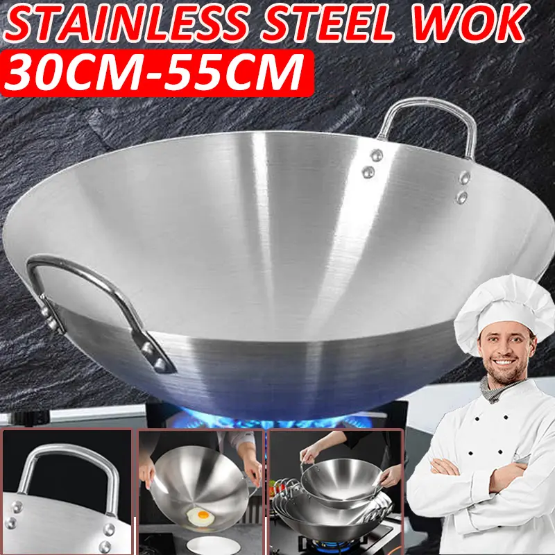 Kuali Memasak, Keluli Tahan Karat 304 Telinga Berganda, 30CM ~ 55CM, dengan Pemegang Panjang atau Telinga Berganda, Kualiti Tinggi, Sesuai untuk Memasak, Kuali Menggoreng Dapur Kitchenware