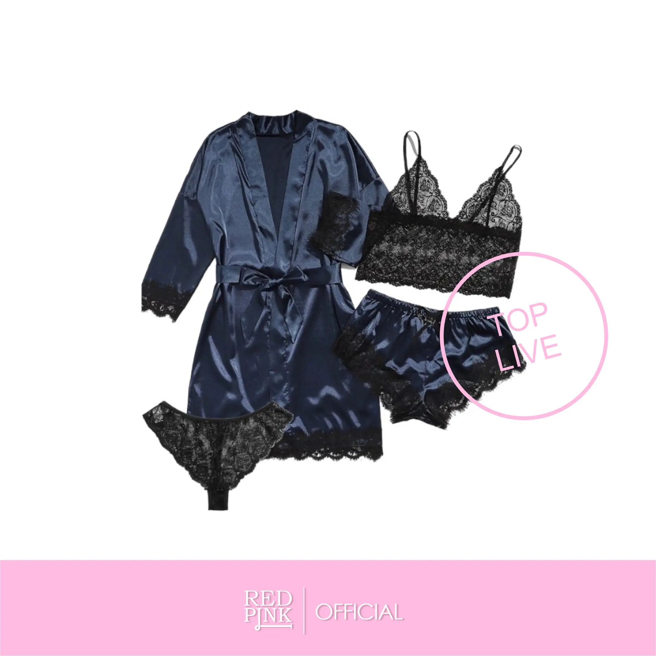 [ RedPink ] Setelan Full Set Kimono Lingerie Dinas Nightwear Premium Wanita Dewasa Looks Mewah Elegant Eropa Style Kimono Sleeve 3/4 Cuttingan Soft Lace Corak Bunga Bra Include Hot Pants Transparan Seksi Top Seller Terlaris Satin Silk Good SET KIMONO