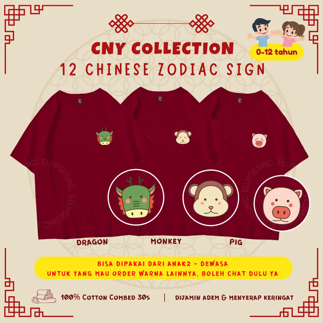 LLIPSESINC Kaos Imlek CNY Sincia Keluarga Mama Papa Baby Anak Kids 12 Chinese Zodiac Shio Printing  Series 8