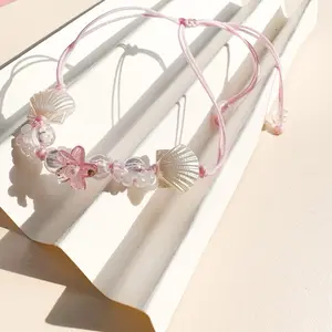 Gelang bracelet bunga dengan kerang pink estetik tema lautan | gelang serut atas |