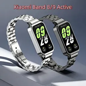 （Tidak termasuk jam）Strap Metal untuk For Xiaomi Smart Band 9/8 Active dan Redmi Band 3/2, Strap Ganti Stainless Steel, Aksesoris Pergelangan Tangan untuk MiBand 9/8 Active, Lembut, Tahan Air, Cocok Bisnis & Olahraga