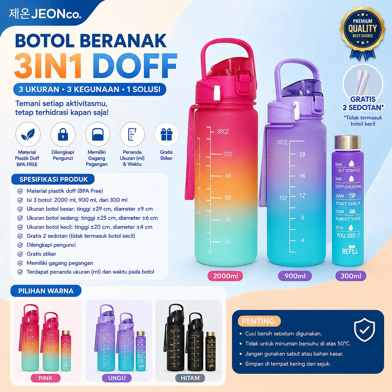 BOTOL MINUM BERANAK 3IN1 VIRAL DOFF FREE SEDOTAN DAN STICKER / BOTOL MINUM GRADASI ELEGAN AMAN Plastik Bottles Water Kitchenware