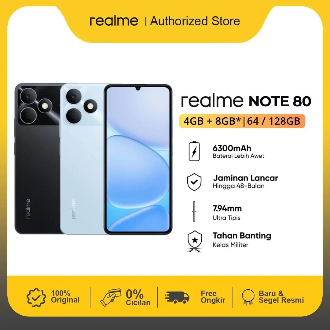 realme Note 80 4GB+8GB*|128GB (Desain Tangguh | 6300mAh Baterai | Proteksi ArmorShell | Jaminan Lancar Hingga 48-bulan | IP54)