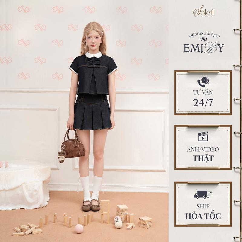  SOLEIL - Set Váy Thiết Kế Denim Cổ Sen Nữ Tính Phối Trắng Xinh Xắn Dáng Chuẩn Hàn Quốc - Indigo Set33 