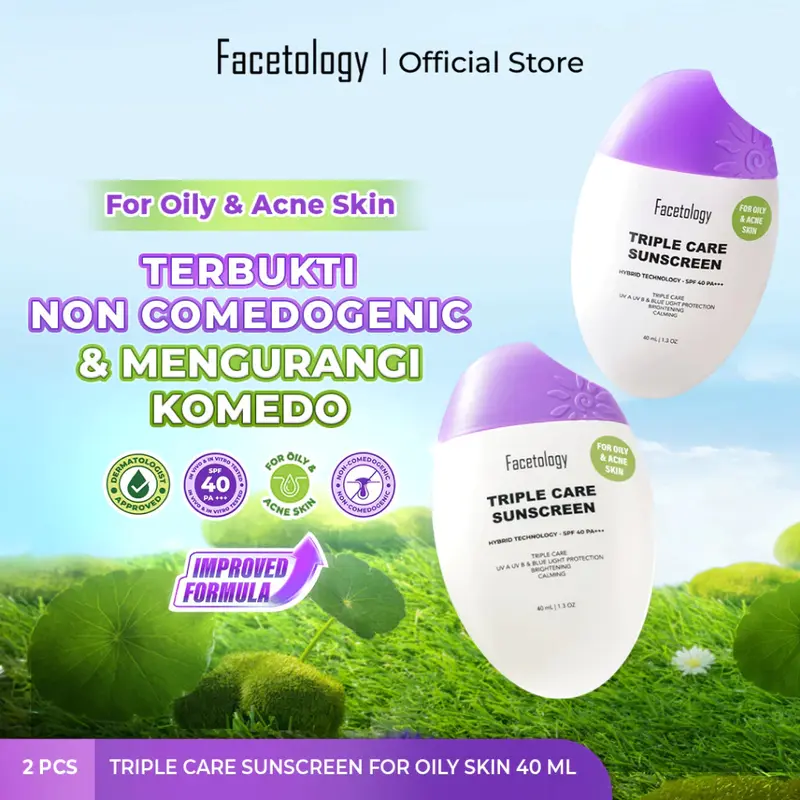Facetology Triple Care Sunscreen SPF 40 PA+++ 40ml - Perlindungan Wajah - Perawatan, Facial Mencerahkan Vitamin 0
