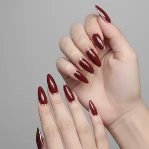 [ 3190]Kuku palsu 24pcs free lem Kuku Palsu Panjang Warna Merah Marun untuk Tampilan Elegan dan Modern