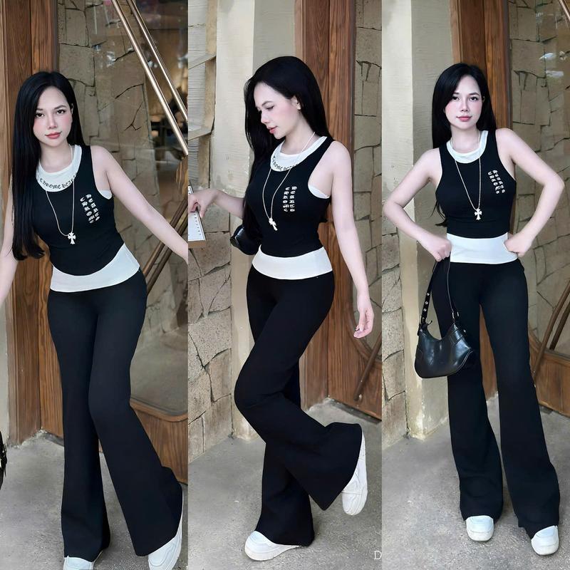  Sét 3 Món Áo Sát Nách In Chữ Phối Quần Dài Ống Loe Quyến Rũ Nữ Tính Dịu Dàng Thanh Lịch Sang Trọng Dễ Thương  Phù Hợp Mọi Phong Cách. 