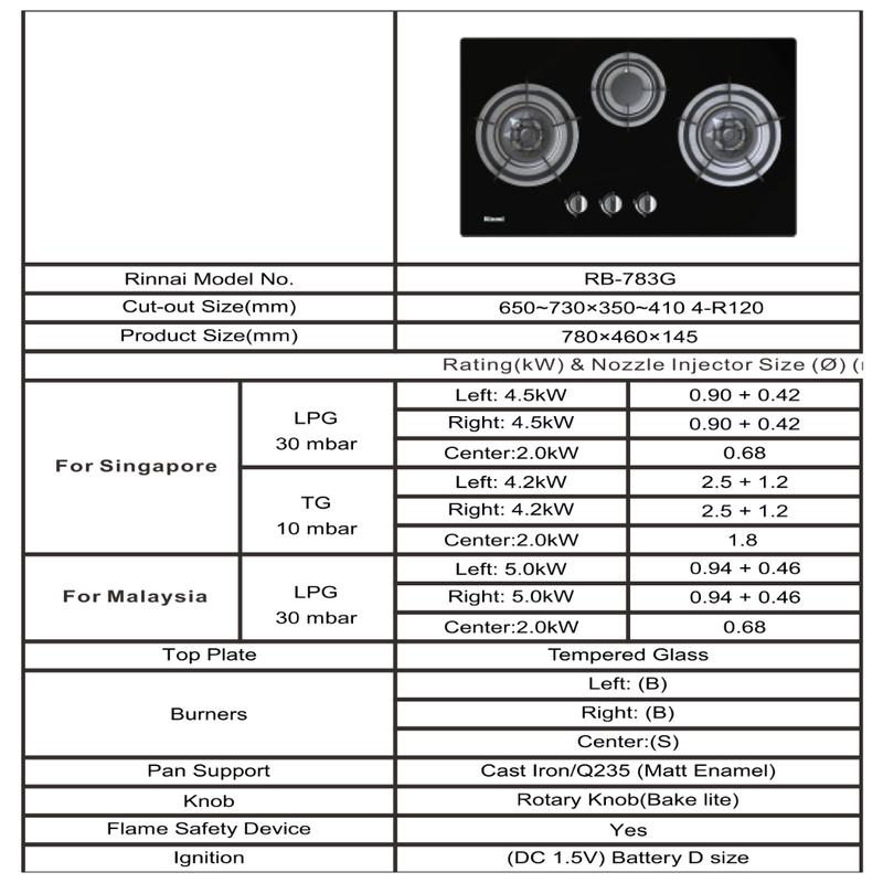 RINNAI RB-783G FLEXIHOB 78CM 3 BURNER GLASS BUILT-IN GAS HOB 3