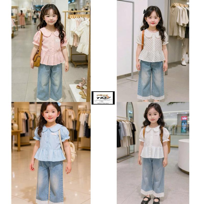 Nini Kids Sét áo sơ mi kèm quần Jean đính ren mềm cho bé Gái đủ size 10-38kg Sơ mi H17- Áo dập ly