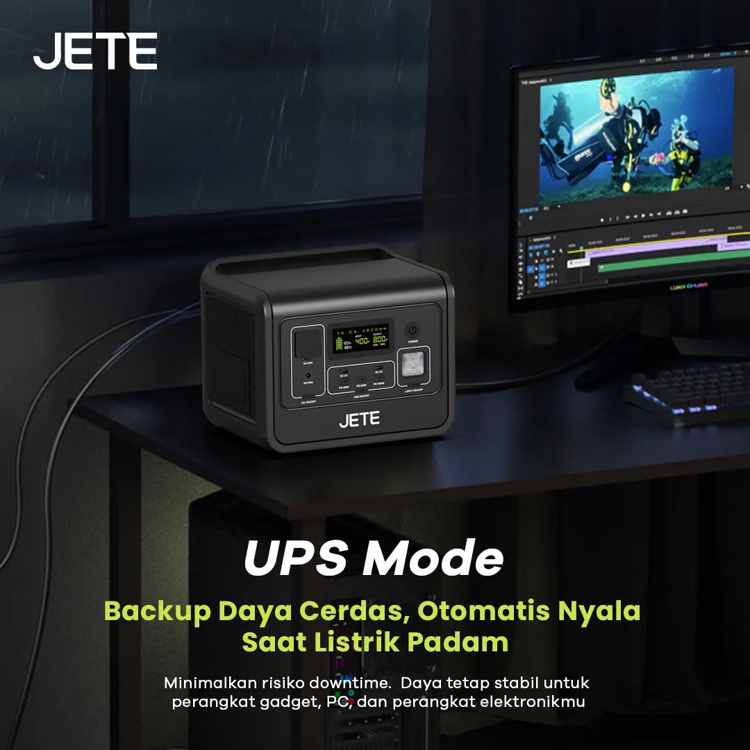 Power Station 800W JETE PS800 , 8 Multiple Output with AC Output and UPS Mode , Genset Listrik Portable and Solar Panel Support , Power Supply - Garansi 2th