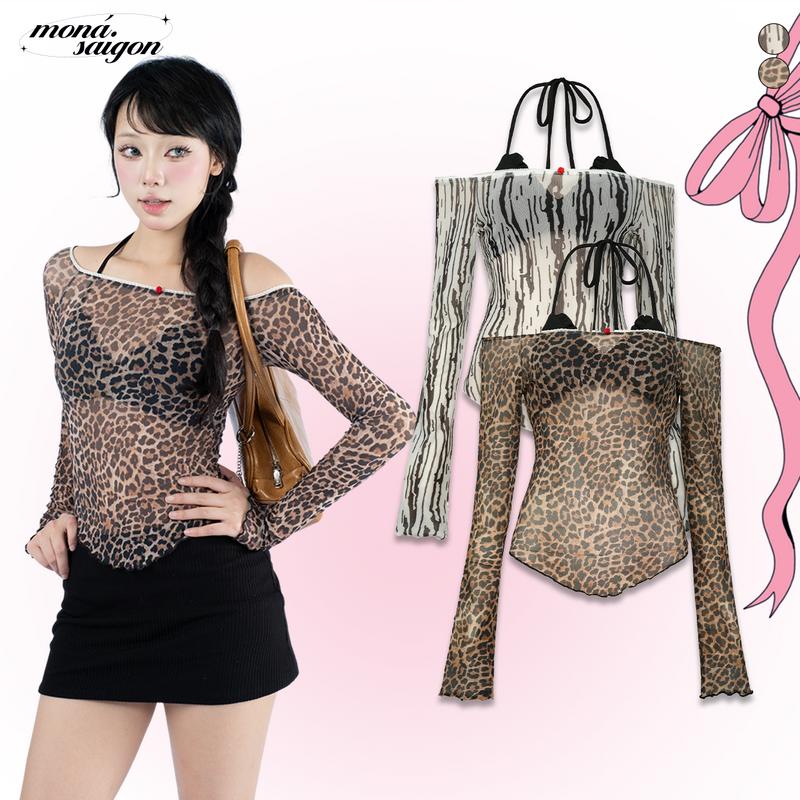 [SUPER DEAL] Set áo lưới nữ tay dài trễ vai cá tính hoạ tiết da beo phối ren MONÁ - WILDY TOP