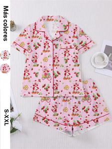 Conjunto de ropa de dormir para mujer con estampado de dibujos de fresa, top abotonado de manga corta y shorts con elástico, ropa casual para el hogar para uso diario