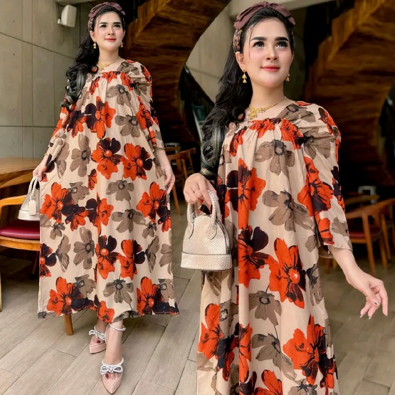 Longdres fuji daster panjang motif bunga cantik kekinian Tebal Rayon Karet Wanita 2