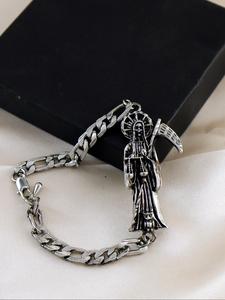 Pulsera cubana con diseño de Santamuerte Tadeo, acabado pulido unisex, accesorio de moda para uso diario, joyería estilizada para hombres y mujeres
