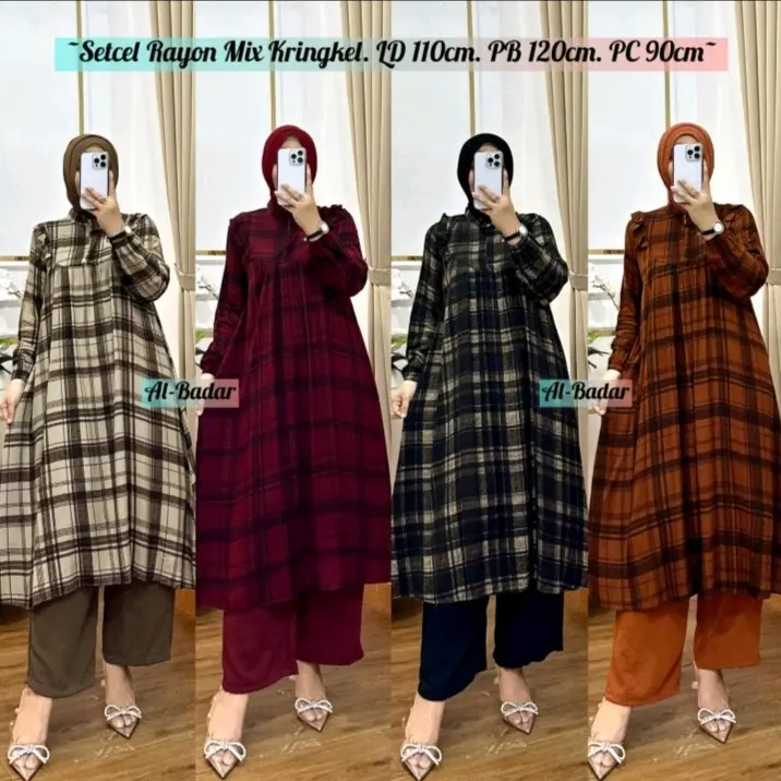 SETCEL LONG TUNIK RAYON MIX KERINGKEL MODEL TERBARU SETELAN CELANA VIRAL 0