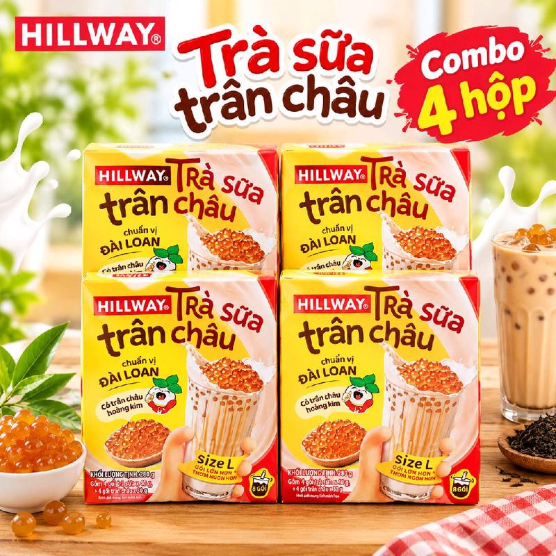 combo 4 hộp trà sữa Hillway chuẩn vị đài Loan 32 gói gồm 16 gói trà sữa+16 gói trân Châu Hoàng kim