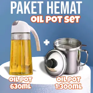 PAKET KOMBO HEMAT OIL POT STAINLESS STEEL 1.3 Liter + OIL BOTTLE 630ml OILPOT SERBAGUNA WADAH MINYAK Botol Simple Dapur