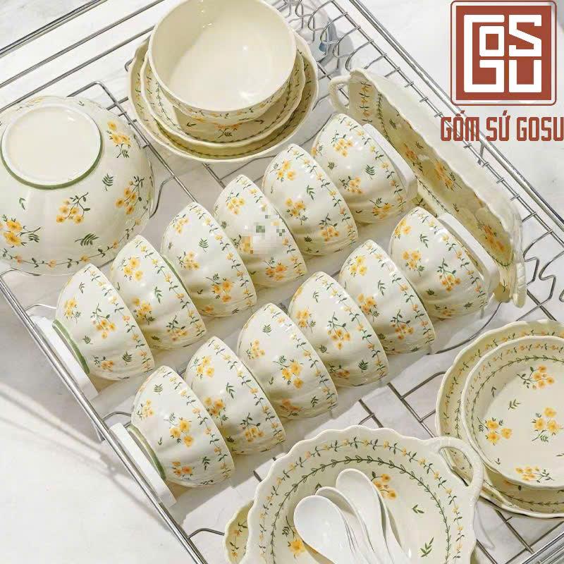 Bộ Bát Đĩa Họa Tiết Hoa Mai Vàng Hàng Loại 1 Nước Men Sáng bóng loáng Mịn Màng Hàng Cao Cấp