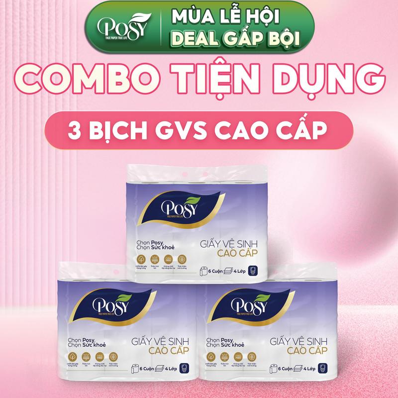  POSY | COMBO 3 BỊCH Giấy vệ sinh 6 cuộn 4 lớp cao cấp Posy mềm mịn dày hơn tiết kiệm hơn 18 cuộn giấy vệ sinh 4 lớp định lượng 13 gsm 