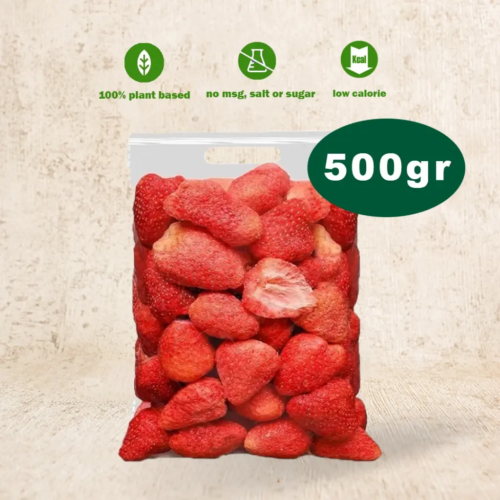 Buah Kering 1/2 KG Freeze Dried Strawberry | Keripik Buah | Snack Buah Kering | Strawberry Korea | Kripik Buah | Keripik Sayur | Snack Sehat | Cemilan Sehat | Keripik Okra | Keripik Tin | Keripik Durian | Keripik Kiwi | Cemilan Buah Kering Bulk