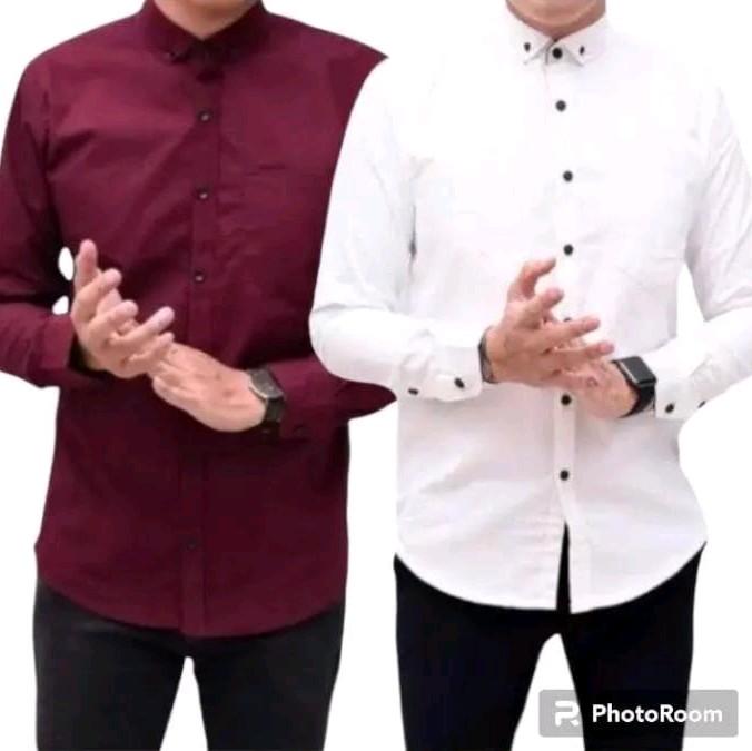 Paket 2 Pcs Kemeja Polos Lengan Panjang Catun Casual Slimfit  Baju Dinas Kantor  Kancing Kerah Simple Standar Putih Navy Nyaman Variasi Santai Pria Kerja Hitam Basic 2